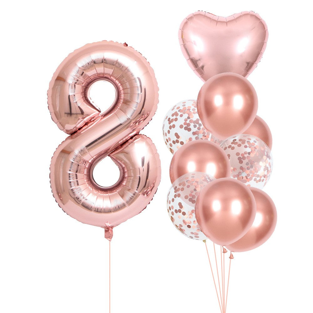 Set 10 Baloane Folie si Latex, ANGELBEAR, Tematica Aniversare, Baloane Latex 25cm, Figurina Inimioara 45 cm, Cifra 8 de 81 cm, Ambalaj Individual, Pai Inclus, Umflare cu Aer sau Heliu, Roz Pal